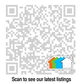 Image of a Custom QR Code for real estate that shows icons of houses in the bottom right with the text ‘Scan to see our latest listings’
