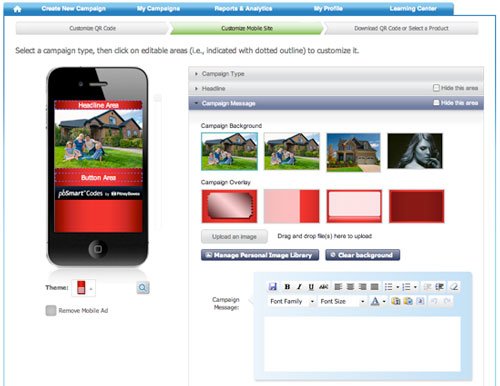 Upload an image into the mobile web page campaign background